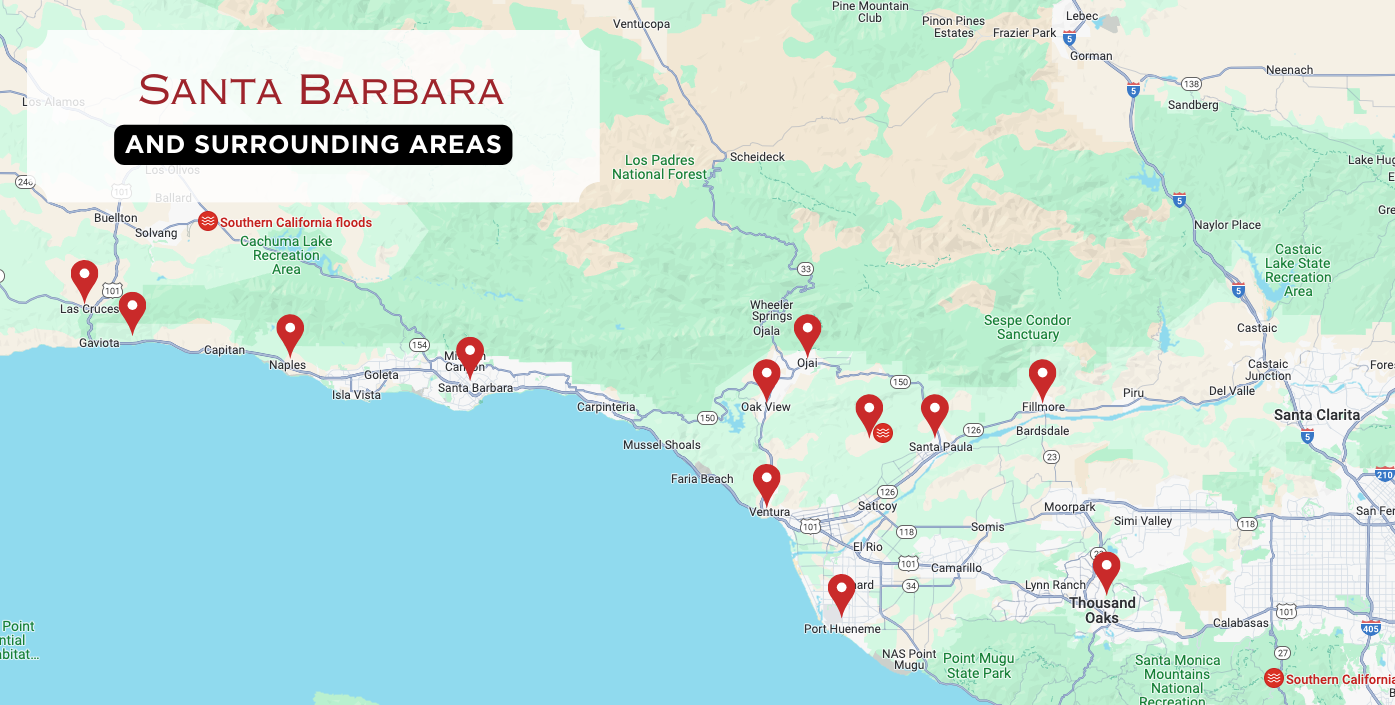 Santa Barbara and surrounding areas water damage restoration coverage areas